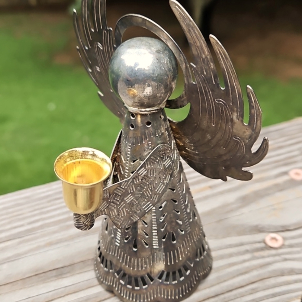 Vintage Handmade Metal Heavenly Silver Angel Candle Holder 5 inches